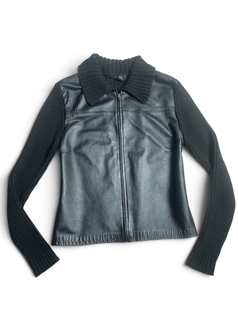 Maurice Sasson Genuine Leather & 100% Cotton Knit Zip-Up Jacket – Black – Size L